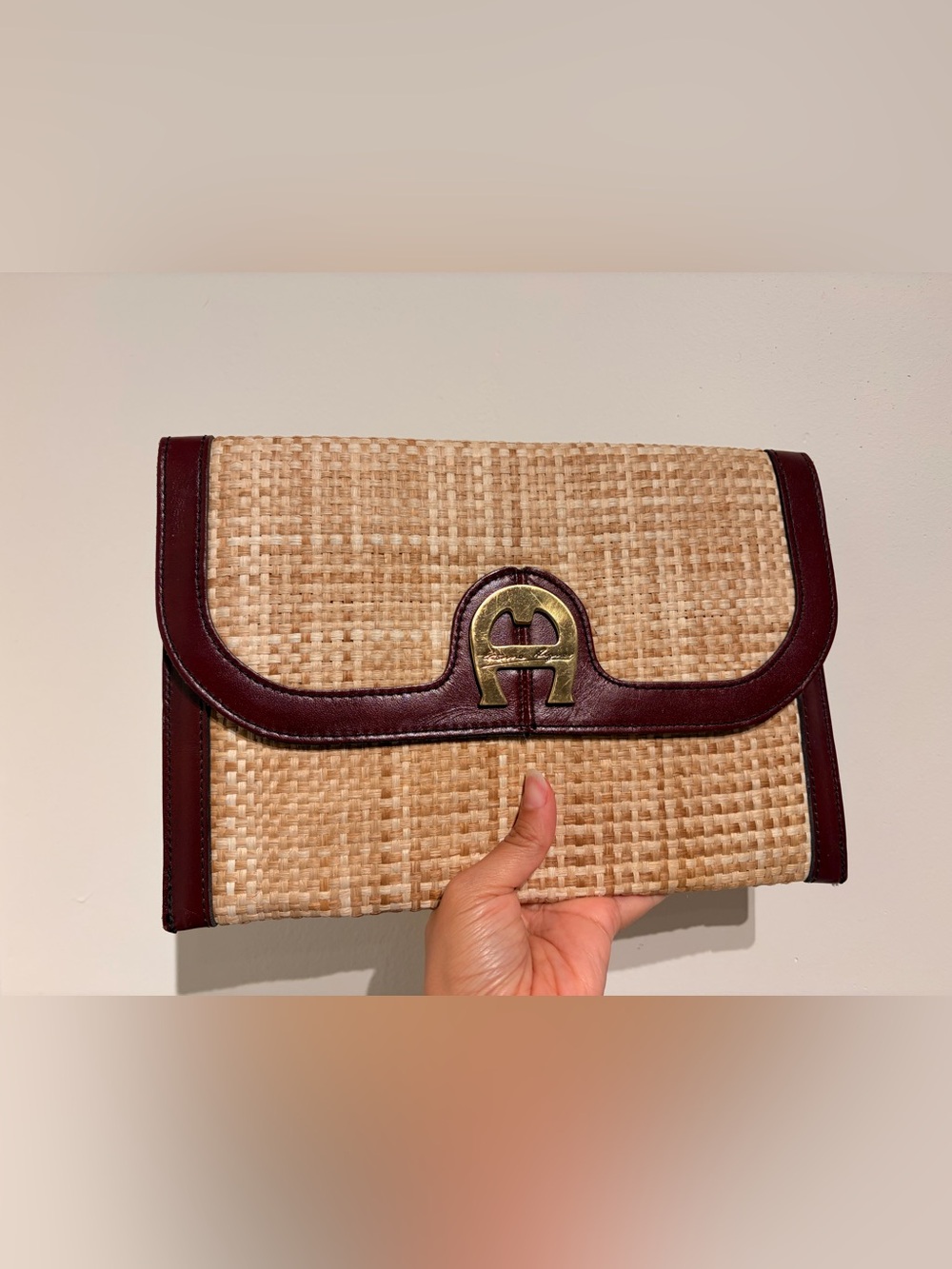 Etienne Aigner Natural Woven Raffia Clutch with Dark Burgundy Trim